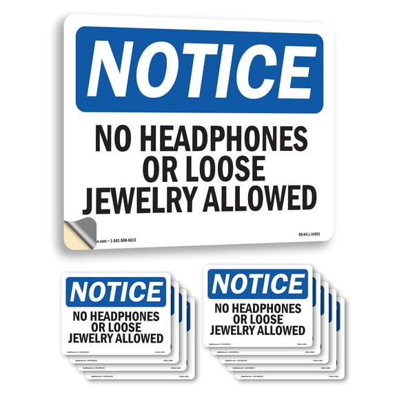 No Headphones Or Loose Jewelry Allowed OSHA Notice Vinyl Decal Label 10 Inch x 7 Inch - 10 Pack