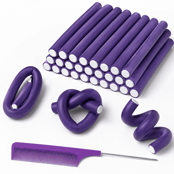 No Heat Foam Curling Rods 40 Pack - Flexible Twist Flexi Hair Rollers with Comb & Clips for Long/Short Hair, Purple (7.09 x 0.3 Inch)