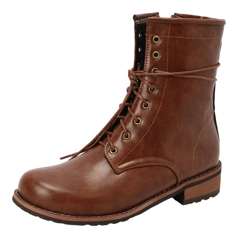No Heel Boots for Women Women Ankle Boots Fashionable New Pattern Simple Solid Color Retro Lace Up Flat Bottom Round Toe Comfortable And Casual Walmart