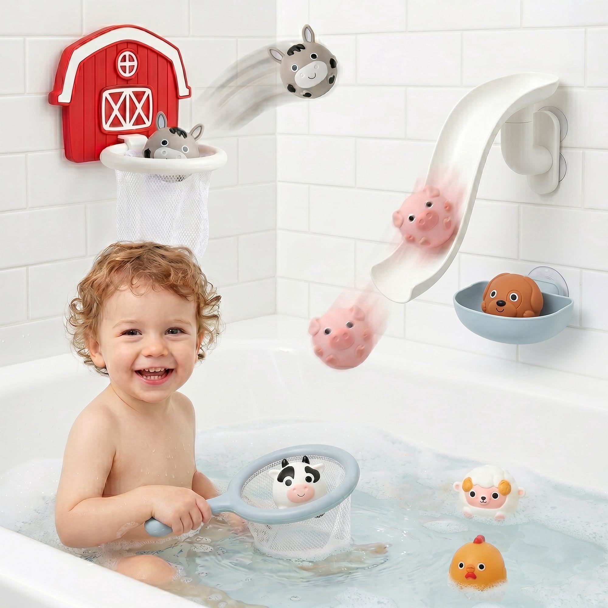 10-Piece No-Hole Farm Bath Toys for Toddlers 1-3, Bathtub Slide with Basketball Hoop and 6 Animals, Mold Free Easy Clean Baby Bath Toy Gifts
