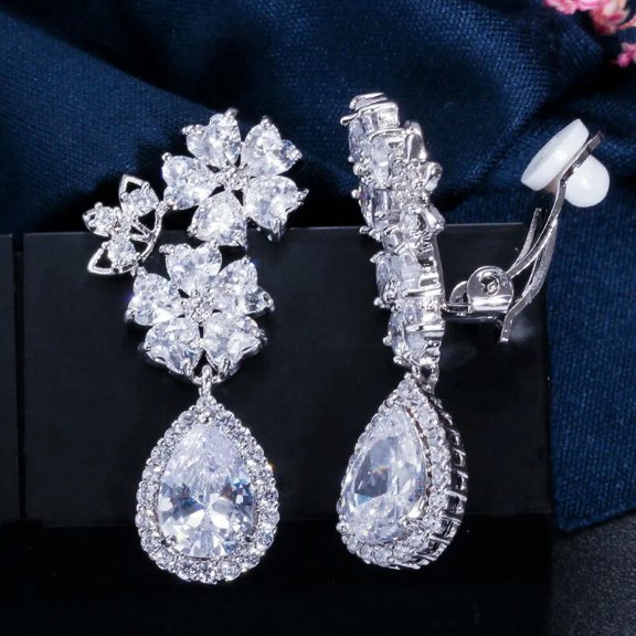 No Hole Style Women Flower Drop Clip On CZ Crystal Earrings Without Pierced