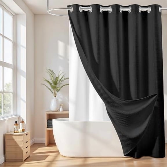 No Hook Cotton Blend Shower Curtain with Snap in Liner, Hotel Grade Shower Curtains for Bathroom, Water Repellent, Black, 71" Wx74 L