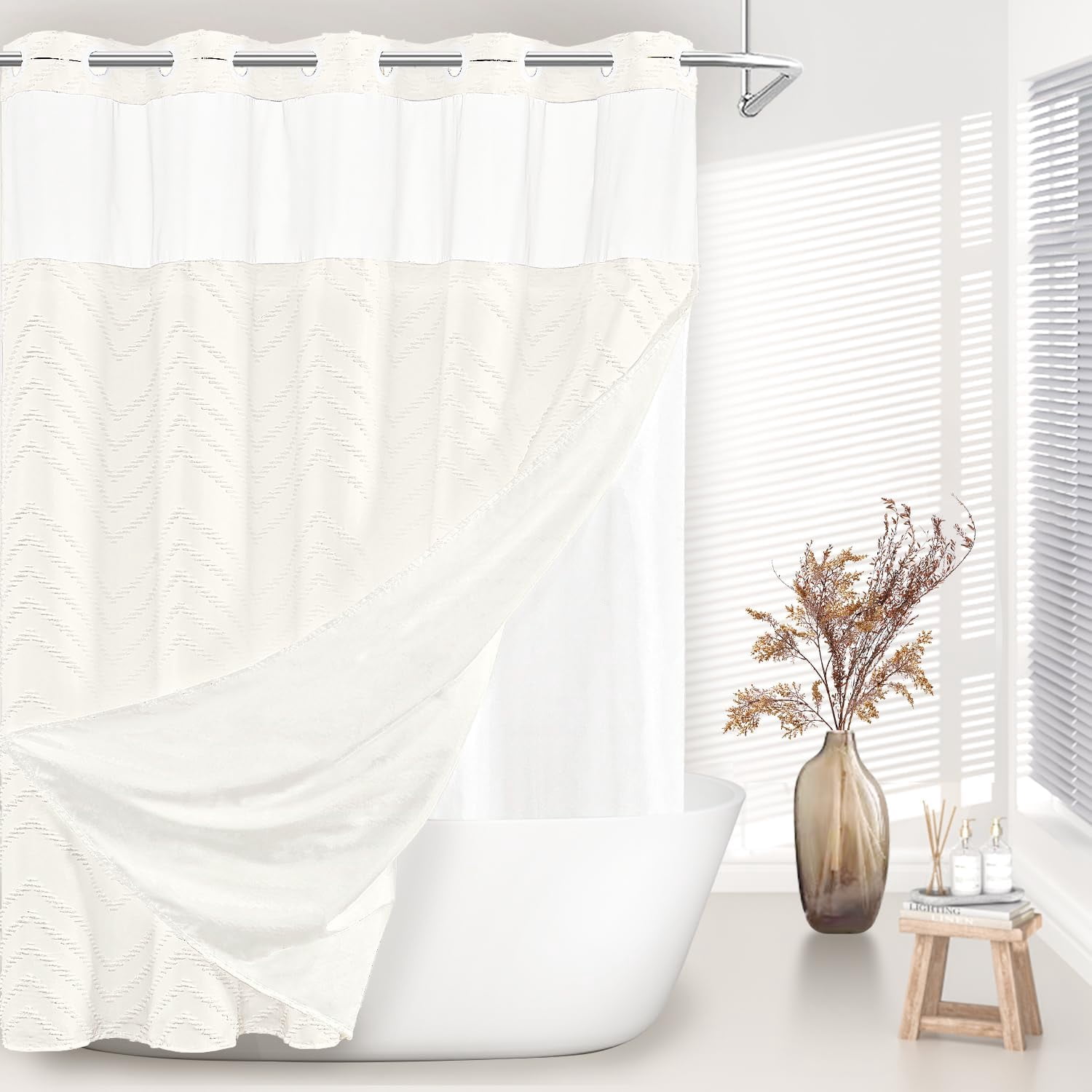 No Hook Cream Boho Tufted Hotel Shower Curtain with Snap-in Fabric Liner Chevron Striped with Mesh Top Window 71" W x 71" L