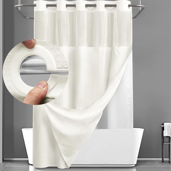No Hook Fabric Shower Curtain with Snap-in Liner, Waffle Waterproof and Mildew Resistant Bathroom Curtain,Ivory White 71"x75"