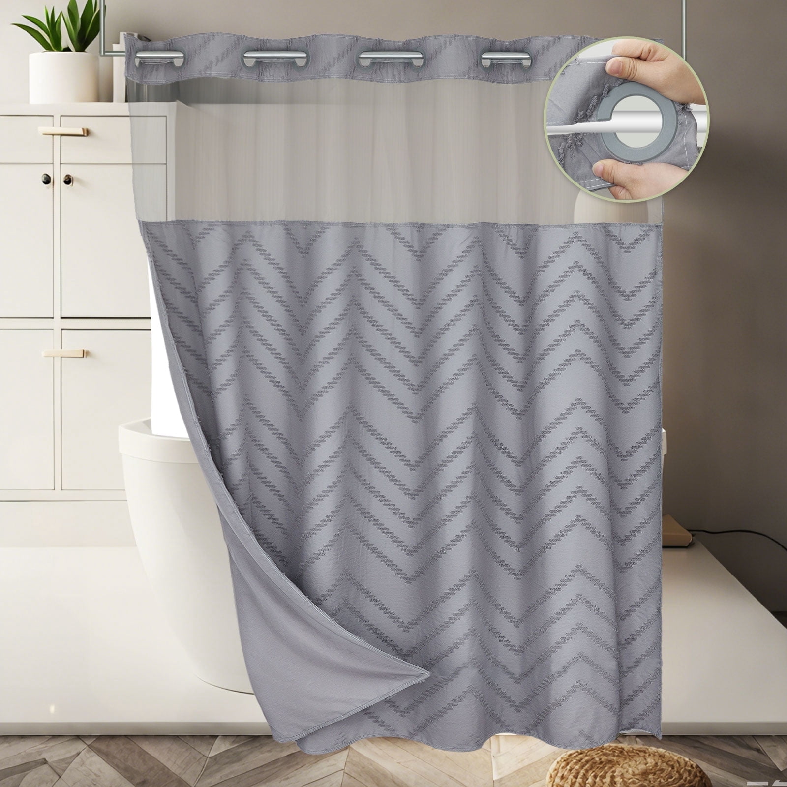Psoiuetr No Hook Gray Boho Tufted Hotel Shower Curtain with Snap-in Fabric Liner Chevron Striped with Mesh Top Window Hookless 72" W x 75" L