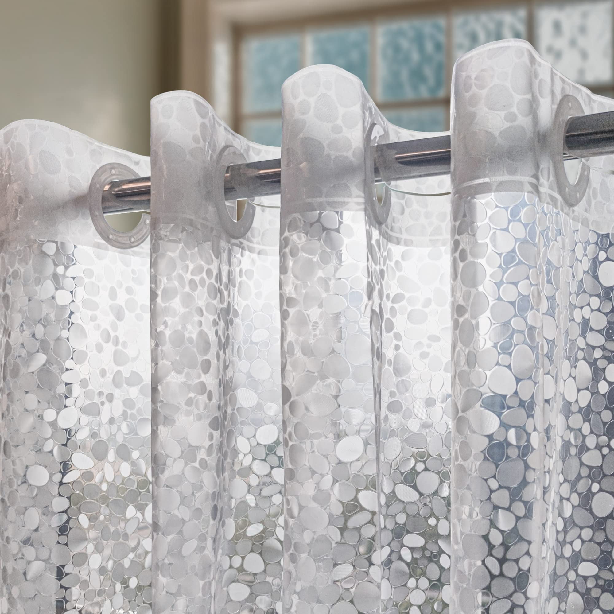 No Hook Shower Curtain Or Liner - 8g Heavy Duty Cobblestone Bathroom Hooks Required  Waterproof Plastic & Pvc Free Standard Size 71 X 74 Pebble