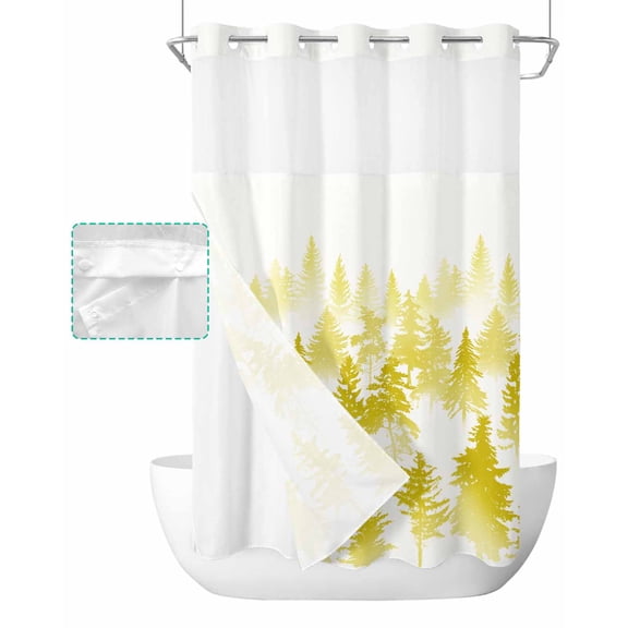 No Hook Shower Curtain with Snap in Liner, Abstract Art Silhouette Yellow Forest Hotel Shower Curtains for Bathroom, Washable Shower Curtain Liner Set with Mesh Top Window, 36"x78"