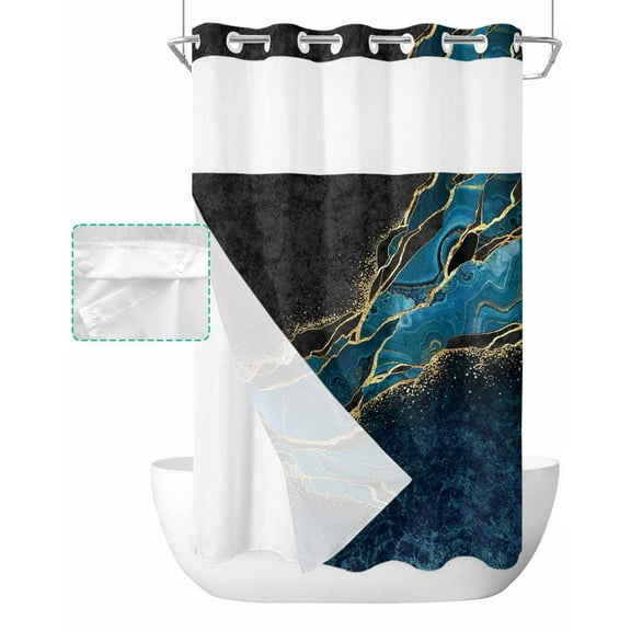 No Hook Shower Curtain with Snap in Liner, Abstract Black Marble with Blue Malachite Texture Hotel Shower Curtains for Bathroom, Washable Shower Curtain Liner Set with Mesh Top Window, 36"x78"