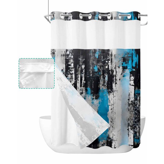No Hook Shower Curtain with Snap in Liner, Abstract Blue and Back Oil Painting Distressed Hotel Shower Curtains for Bathroom, Washable Shower Curtain Liner Set with Mesh Top Window, 48"x72"
