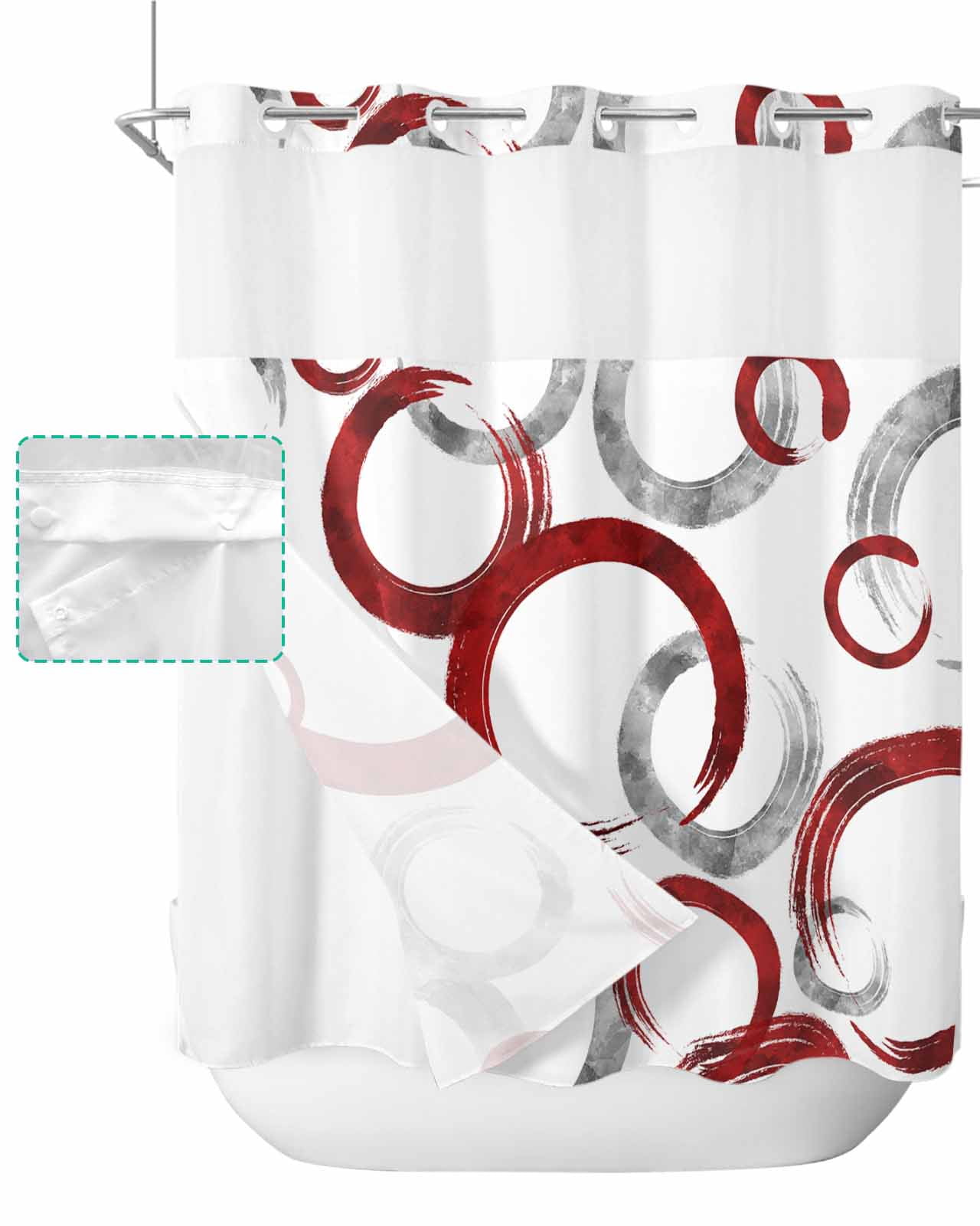 No Hook Shower Curtain with Snap in Liner, Abstract Geometric Red Round ...