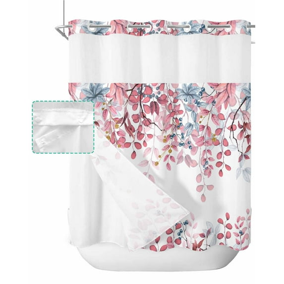 No Hook Shower Curtain with Snap in Liner, Abstract Pink and Blue Ombre Plants Leavs Berry Hotel Shower Curtains for Bathroom, Washable Shower Curtain Liner Set with Mesh Top Window, 72”x78”