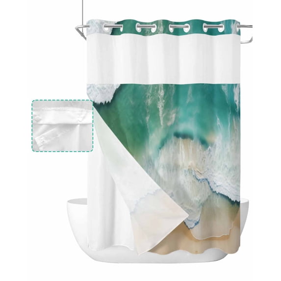 No Hook Shower Curtain with Snap in Liner, Abstract Summer Green Ocean Beach Blue Wave Hotel Shower Curtains for Bathroom, Washable Shower Curtain Liner Set with Mesh Top Window, 72"x96"