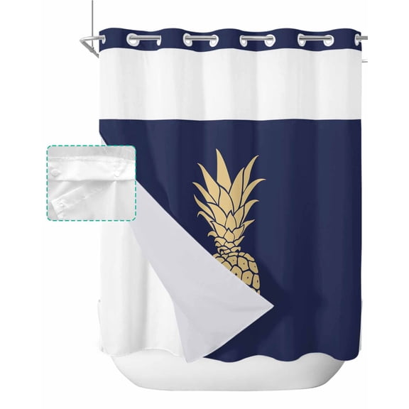 No Hook Shower Curtain with Snap in Liner, Abstract Yellow Pineapple Blue Texture Hotel Shower Curtains for Bathroom, Washable Shower Curtain Liner Set with Mesh Top Window, 72”x78”