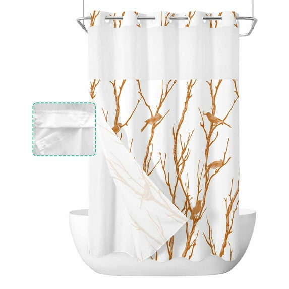No Hook Shower Curtain with Snap in Liner, Animal Birds Branch Silhouette Brown Impressionism Illustration Shower Curtains for Bathroom, Washable Inner Liner with Mesh Top Window, 36"x78"