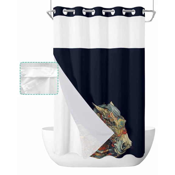 No Hook Shower Curtain with Snap in Liner, Animal Horsehead Abstract Geometric Pattern Hotel Shower Curtains for Bathroom, Washable Shower Curtain Liner Set with Mesh Top Window, 36"x78"