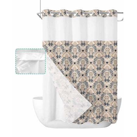 No Hook Shower Curtain with Snap in Liner, Baroque Retro Mid-Century Black Euporean Pattern Hotel Shower Curtains for Bathroom, Washable Shower Curtain Liner Set with Mesh Top Window, 48"x72"
