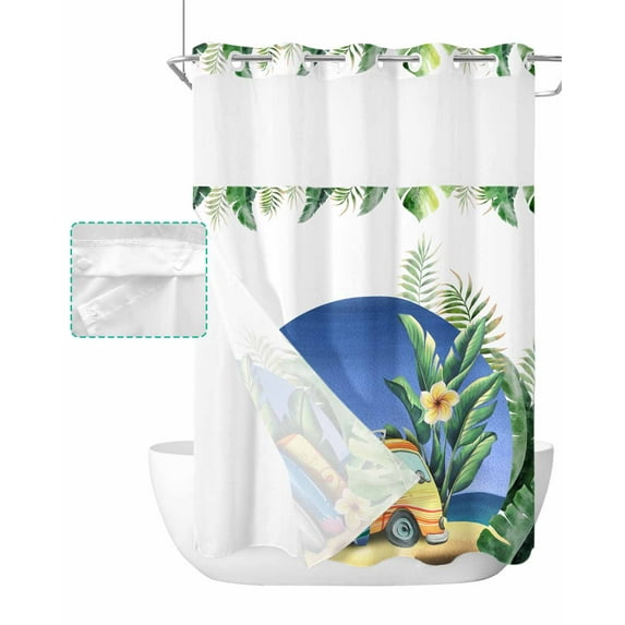 No Hook Shower Curtain with Snap in Liner, Beach Bike Surfing Tropical Leaves Hotel Shower Curtains for Bathroom, Washable Shower Curtain Liner Set with Mesh Top Window, 72"x84"