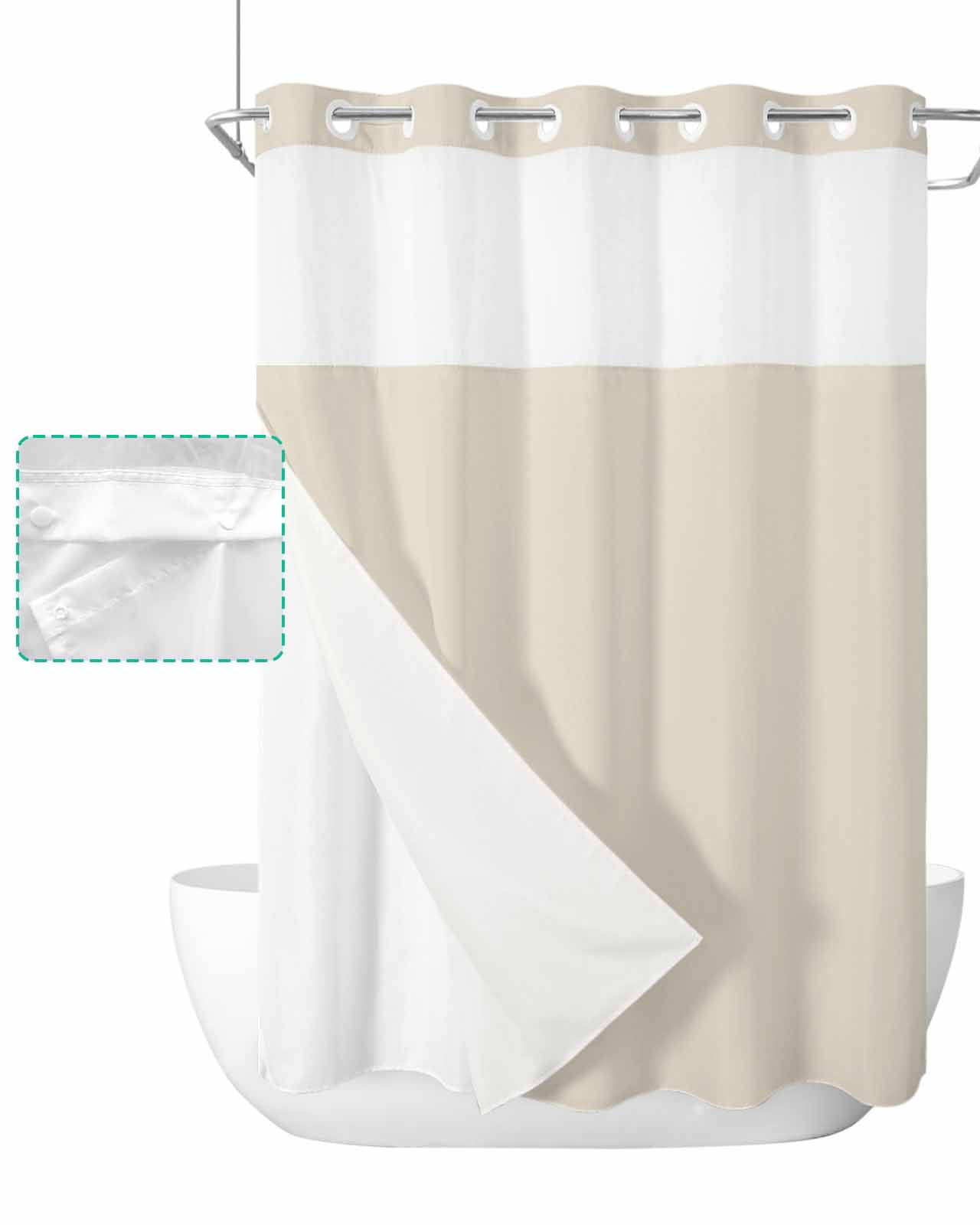 No Hook Shower Curtain with Snap in Liner, Beige Solid Color Hotel