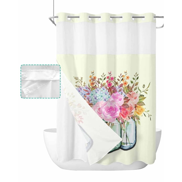 No Hook Shower Curtain Set With Snap-In Liner - Double Layer, See-Through Top Window, Machine Washable, 71x74 Inch