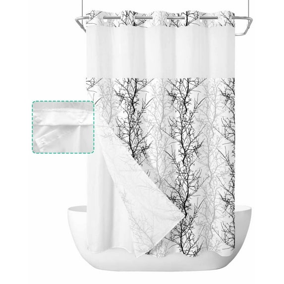 No Hook Shower Curtain with Snap in Liner, Black Grey Tree Branch Hotel Shower Curtains for Bathroom, Washable Shower Curtain Liner Set with Mesh Top Window, 54"x78"