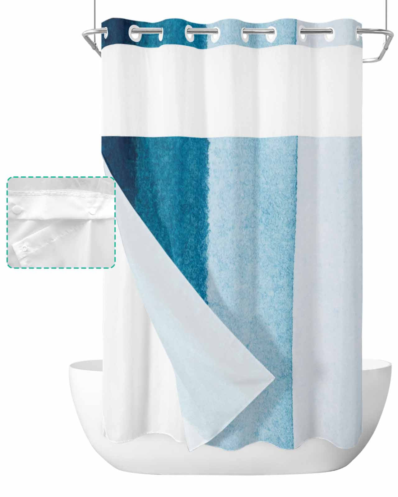 No Hook Shower Curtain with Snap in Liner Blue Gradient Ocean Blue