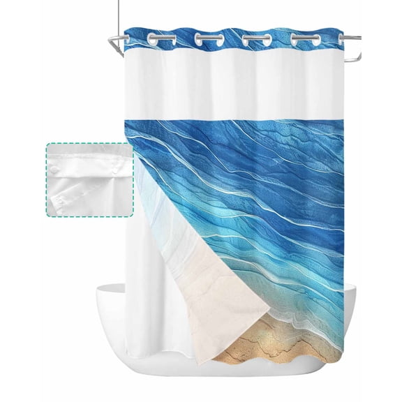 No Hook Shower Curtain with Snap in Liner, Blue Gradient Seaside Ocean Wave Ombre Hotel Shower Curtains for Bathroom, Washable Shower Curtain Liner Set with Mesh Top Window, 72"x84"