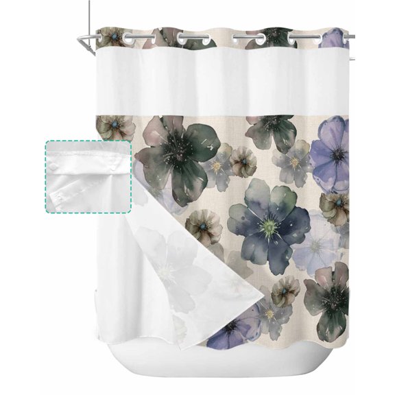 No Hook Shower Curtain with Snap in Liner, Blue Gray Violet Flower Nostalgic Watercolor Pattern Hotel Shower Curtains for Bathroom, Washable Shower Curtain Liner Set with Mesh Top Window, 72”x78”