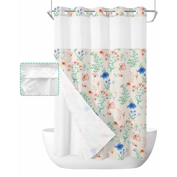 No Hook Shower Curtain with Snap in Liner, Blue and Red Flower Plants Retro Watercolor Floral Linen Shower Curtains for Bathroom, Washable Shower Curtain Liner Set with Mesh Top Window, 54"x78"