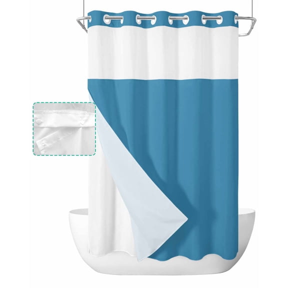 No Hook Shower Curtain with Snap in Liner, Blue Solid Color Hotel Shower Curtains for Bathroom, Washable Shower Curtain Liner Set with Mesh Top Window, 36"x72"