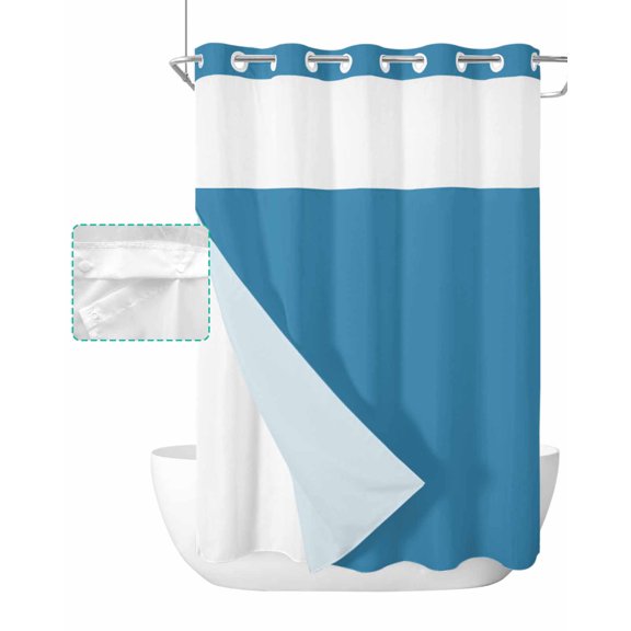 No Hook Shower Curtain with Snap in Liner, Blue Solid Color Hotel Shower Curtains for Bathroom, Washable Shower Curtain Liner Set with Mesh Top Window, 60"x72"