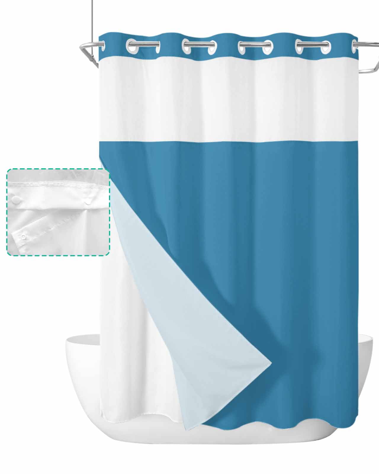 No Hook Shower Curtain with Snap in Liner, Blue Solid Color Hotel
