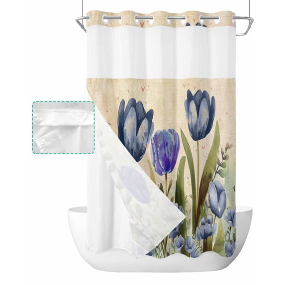 No Hook Shower Curtain with Snap in Liner, Blue Tulip Watercolor Floral Retro Linen Hotel Shower Curtains for Bathroom, Washable Shower Curtain Liner Set with Mesh Top Window, 54"x78"