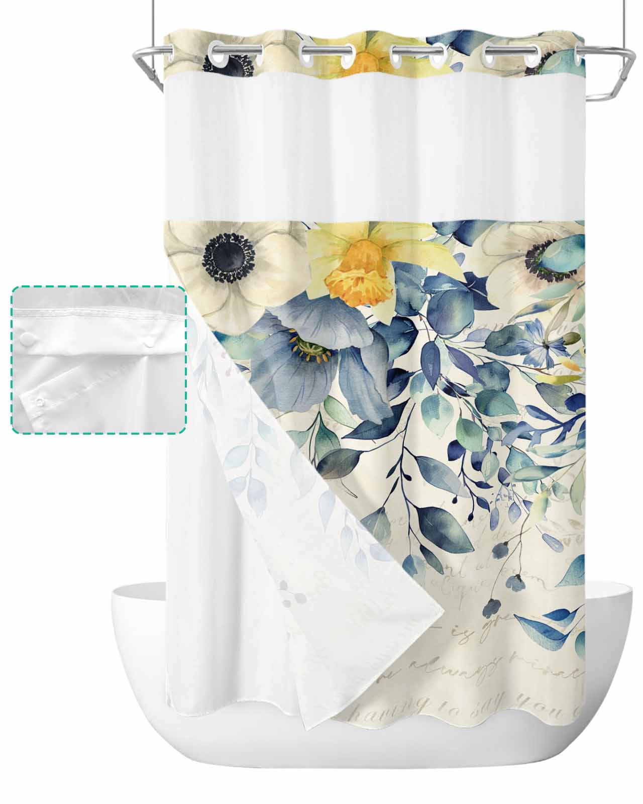 No Hook Shower Curtain with Snap in Liner, Blue Watercolor Flower ...