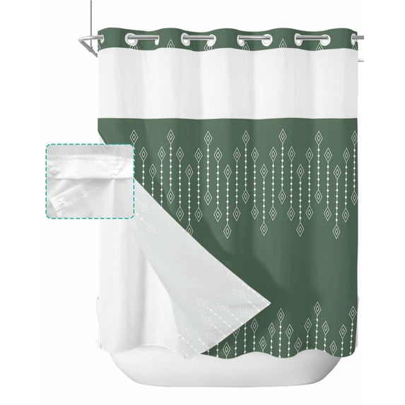 No Hook Shower Curtain with Snap in Liner, Bohemian Geometric Pattern Rhombus Olive Green Hotel Shower Curtains for Bathroom, Washable Shower Curtain Liner Set with Mesh Top Window, 72"x72"