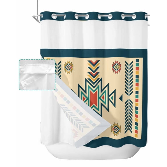 No Hook Shower Curtain with Snap in Liner, Boho Moroccan Colorful Geometric Hotel Shower Curtains for Bathroom, Washable Shower Curtain Liner Set with Mesh Top Window, 72"x72"