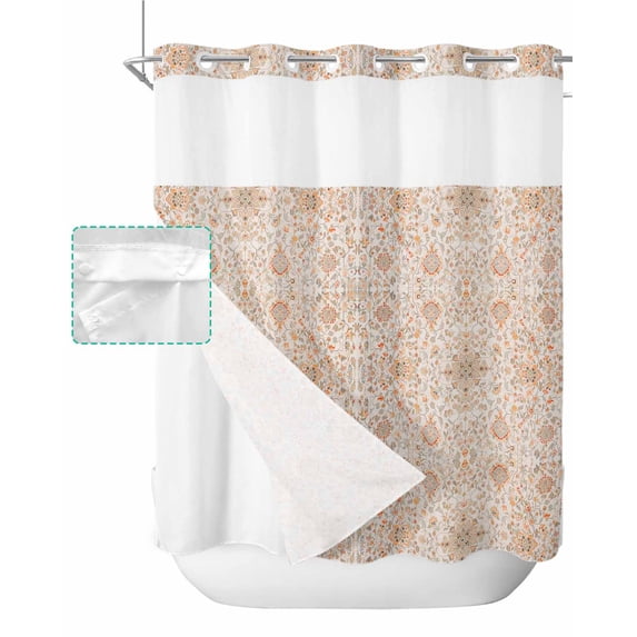 No Hook Shower Curtain with Snap in Liner, Boho Retro Tribal Persian Style Flowers Hotel Shower Curtains for Bathroom, Washable Shower Curtain Liner Set with Mesh Top Window, 66"x72"