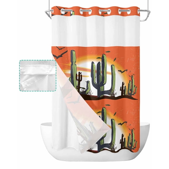 No Hook Shower Curtain with Snap in Liner, Cactus Birds at Sunset Mottled Hotel Shower Curtains for Bathroom, Washable Shower Curtain Liner Set with Mesh Top Window, 36"x72"