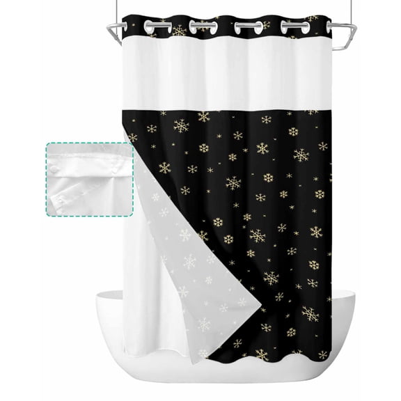 No Hook Shower Curtain with Snap in Liner, Christmas Gold Snowflake Black Hotel Shower Curtains for Bathroom, Washable Shower Curtain Liner Set with Mesh Top Window, 36"x72"