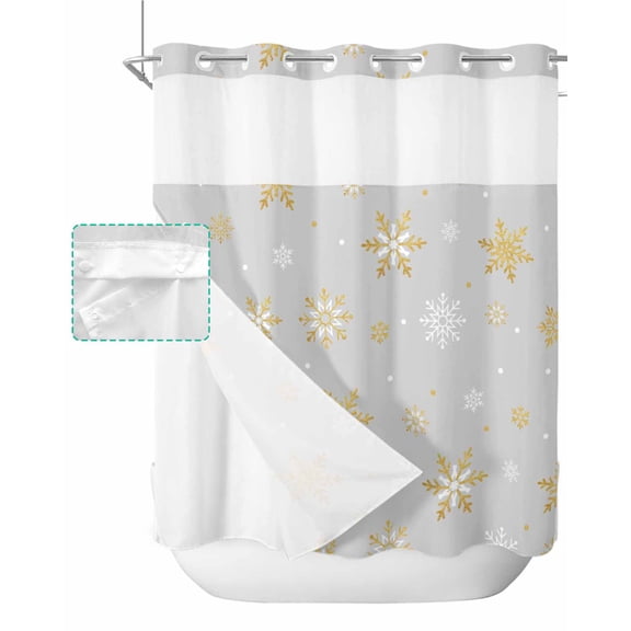 No Hook Shower Curtain with Snap in Liner, Christmas Gold and White Snowflake Grey Hotel Shower Curtains for Bathroom, Washable Shower Curtain Liner Set with Mesh Top Window, 72”x78”