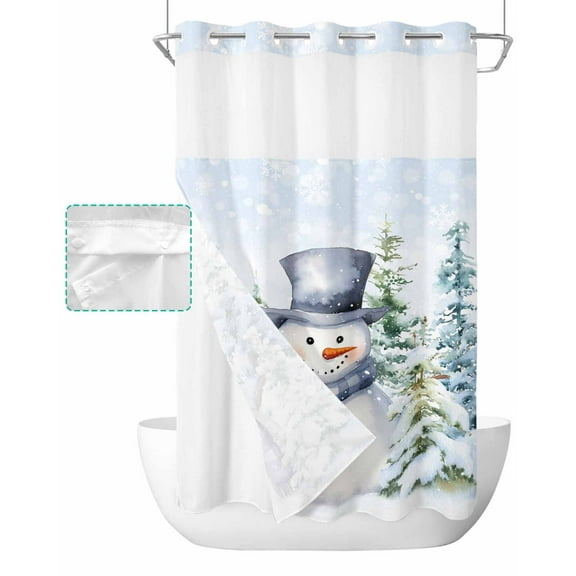 No Hook Shower Curtain with Snap in Liner, Christmas Jungle Snow Elf Hotel Shower Curtains for Bathroom, Washable Shower Curtain Liner Set with Mesh Top Window, 36"x72"