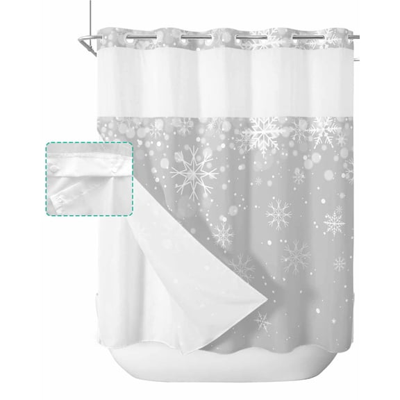 No Hook Shower Curtain with Snap in Liner, Christmas Snowflake Grey Gradient Hotel Shower Curtains for Bathroom, Washable Shower Curtain Liner Set with Mesh Top Window, 72”x78”