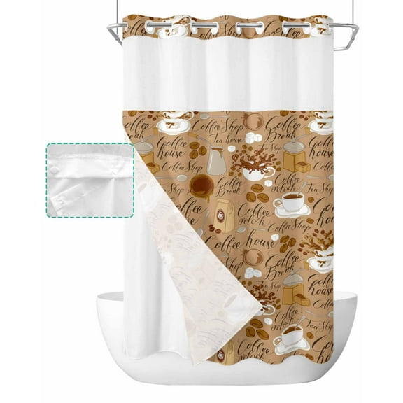 No Hook Shower Curtain with Snap in Liner, Coffee House Coffee Beans Hotel Shower Curtains for Bathroom, Washable Shower Curtain Liner Set with Mesh Top Window, 36"x78"