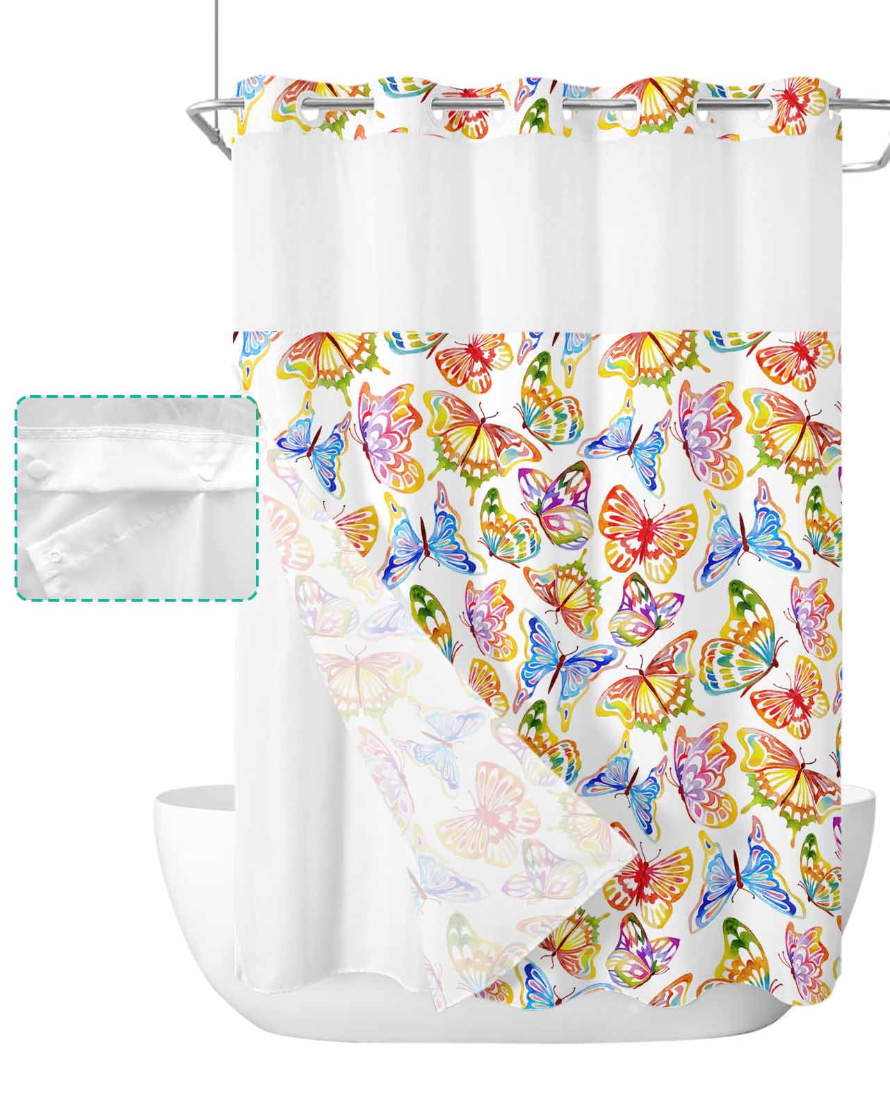 No Hook Shower Curtain with Snap in Liner Colorful Vivid Butterfly