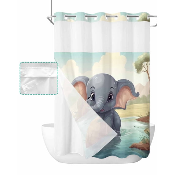 No Hook Shower Curtain with Snap in Liner, Cute Cartoon Little Elephant in Lake Hotel Shower Curtains for Bathroom, Washable Shower Curtain Liner Set with Mesh Top Window, 72"x96"