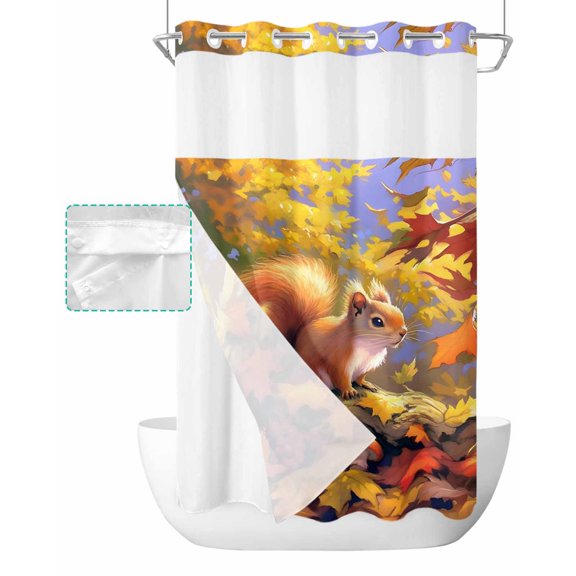No Hook Shower Curtain with Snap in Liner, Cute Squirrel Maple Leaves in Autumn Hotel Shower Curtains for Bathroom, Washable Shower Curtain Liner Set with Mesh Top Window, 36"x78"