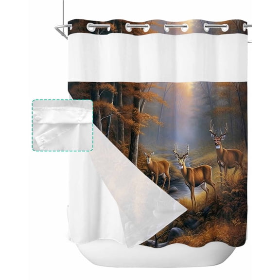 No Hook Shower Curtain with Snap in Liner, Deer in the Forest Brown Trees with Creek Hotel Shower Curtains for Bathroom, Washable Shower Curtain Liner Set with Mesh Top Window, 72"x72"