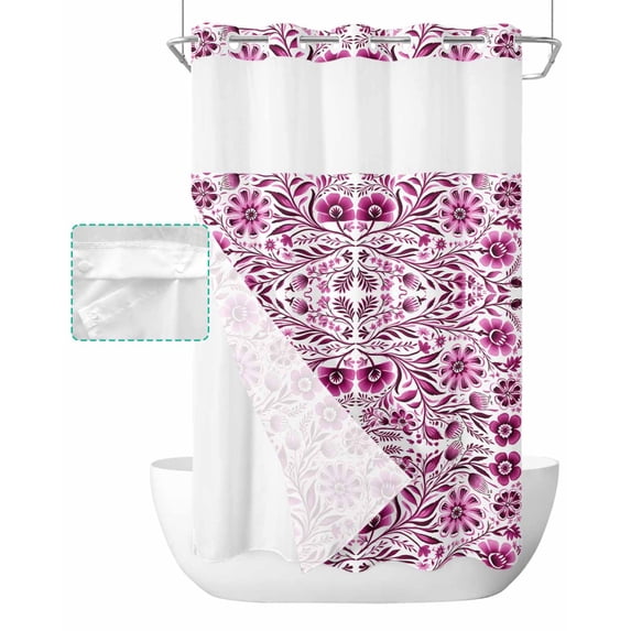 No Hook Shower Curtain with Snap in Liner, Ethnic Style Vintage Flowers Pink Floral Hotel Shower Curtains for Bathroom, Washable Shower Curtain Liner Set with Mesh Top Window, 36"x78"