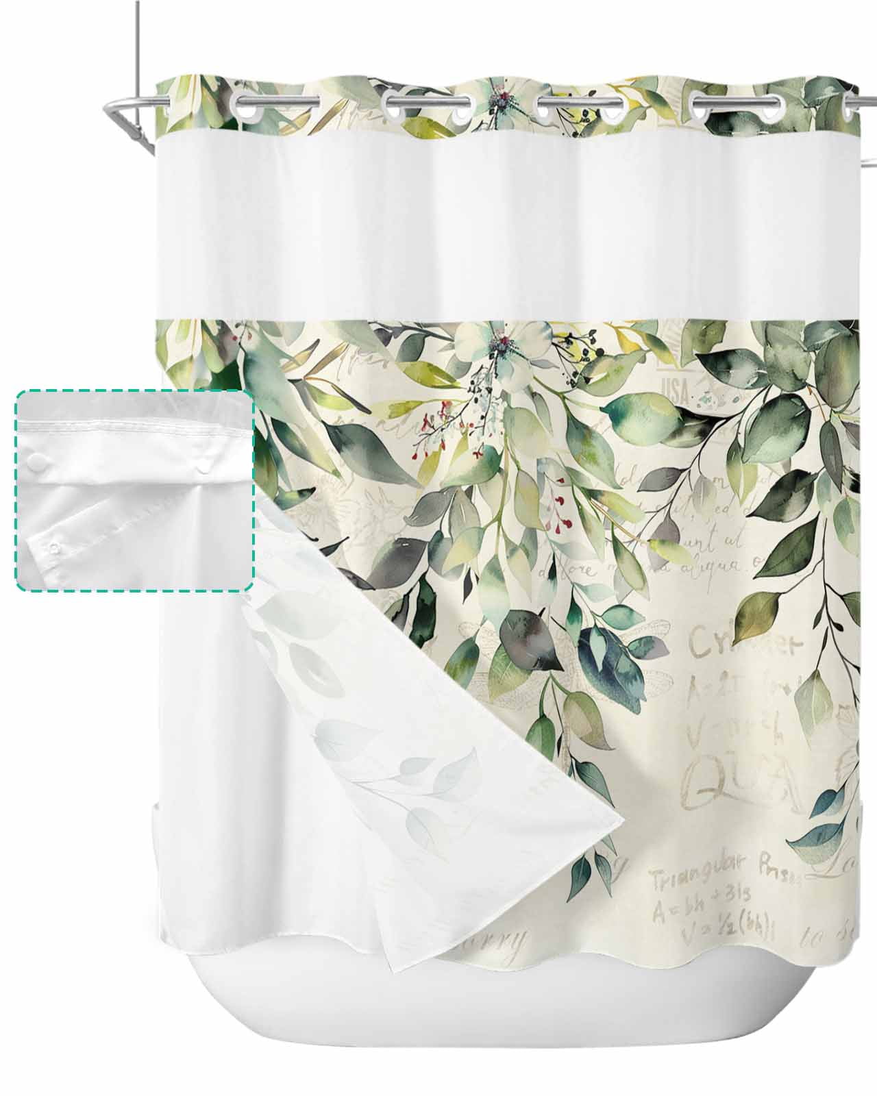 Green Eucalyptus Leaves Hookless Shower Curtain with Snap-in Liner