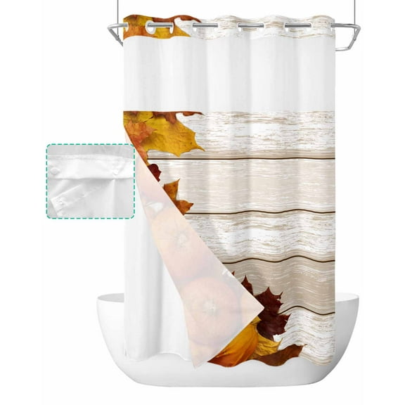 No Hook Shower Curtain with Snap in Liner, Fall Pumpkins Maple Leaves Beige Gradient Wood Grain Hotel Shower Curtains for Bathroom, Washable Shower Curtain Liner Set with Mesh Top Window, 36"x78"