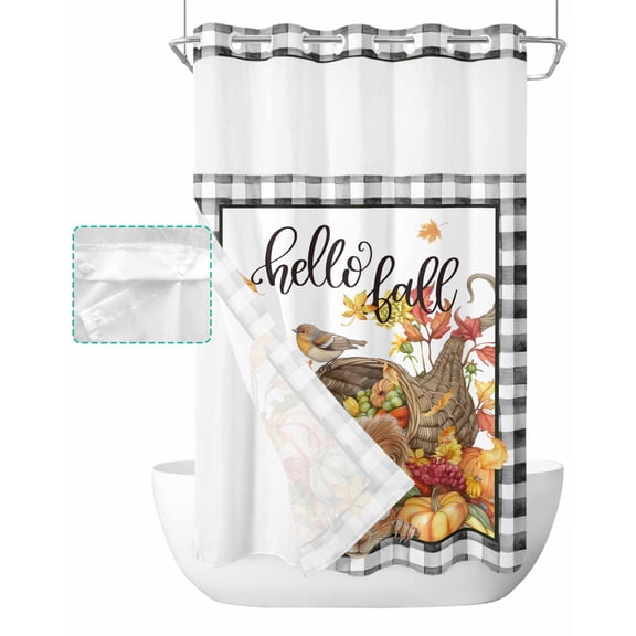 No Hook Shower Curtain with Snap in Liner, Fall Squirrel Thanksgiving Autumn Leaves Buffalo Plaid Hotel Shower Curtains for Bathroom, Washable Shower Curtain Liner Set with Mesh Top Window, 36"x72"